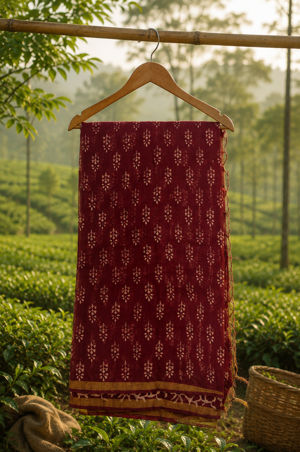 Maroon hand block printed linen cotton saree with zari border displayed on a wooden hanger in a tea garden.