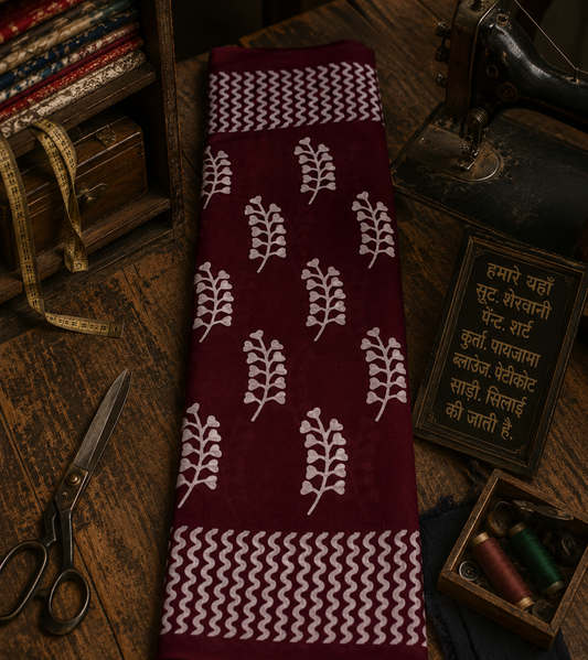 Folded maroon Mul cotton saree showcasing handcrafted white botanical block prints and decorative border.