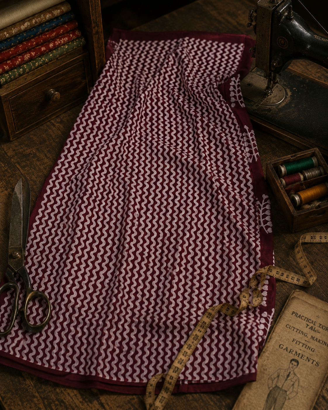 Full view of handcrafted maroon Mul cotton saree with intricate white hand block printed pattern and elegant border.