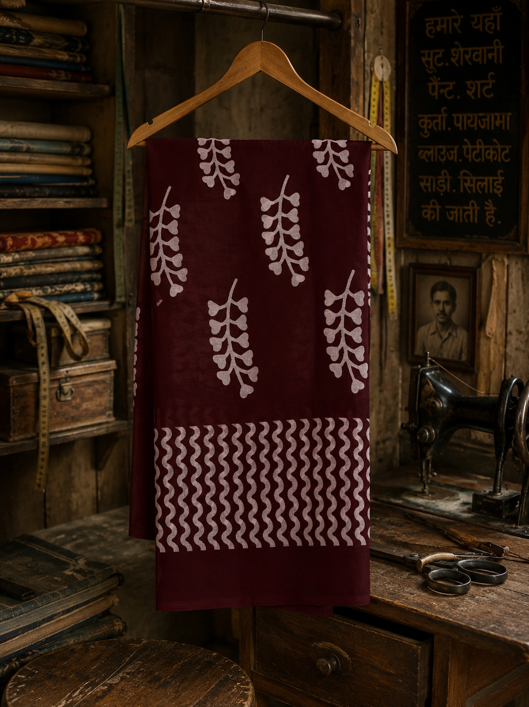 Maroon hand block printed Mul cotton saree featuring traditional botanical motifs hanging on a wooden hanger.