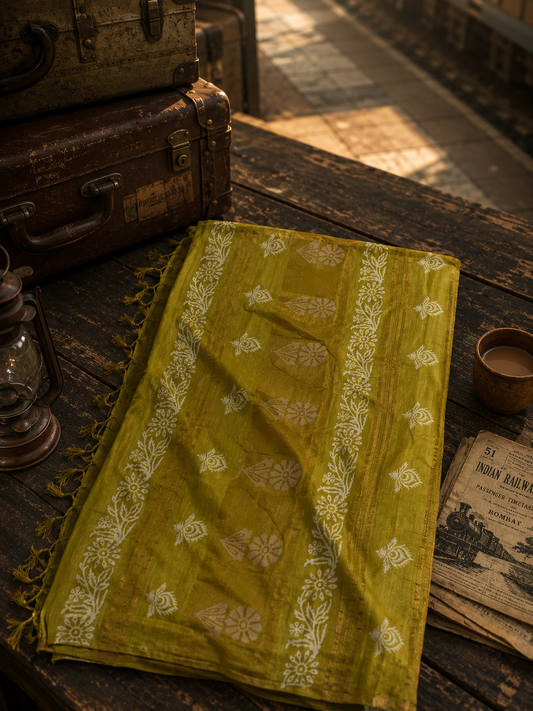 Detailed view of olive green linen cotton saree featuring all-over white hand block printed motifs and handcrafted finish.