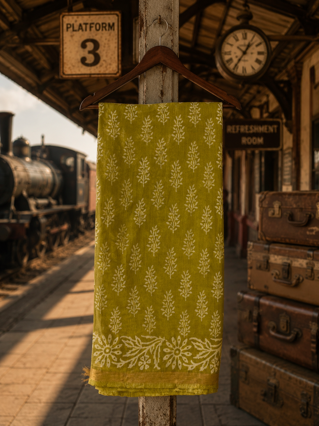 Folded olive green hand block printed linen cotton saree with delicate white floral border and zari detailing.