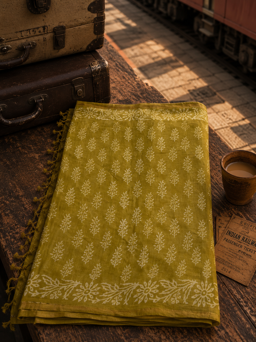 Olive green handcrafted linen cotton saree with white hand block print and zari border displayed at a vintage railway platform.
