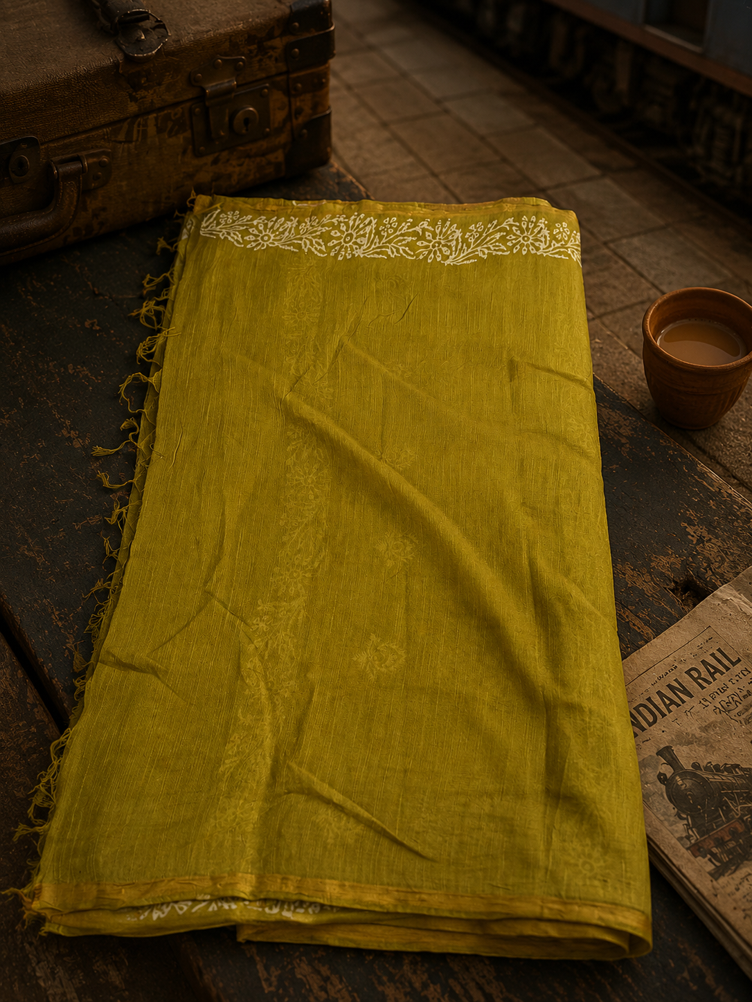 Close-up of olive green linen cotton saree showcasing handcrafted white floral block print, pallu and zari border.