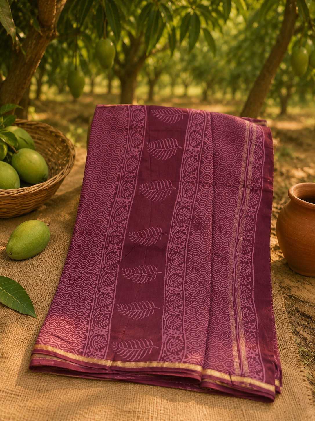 Folded onion Chanderi saree showcasing traditional woven patterns and zari border.