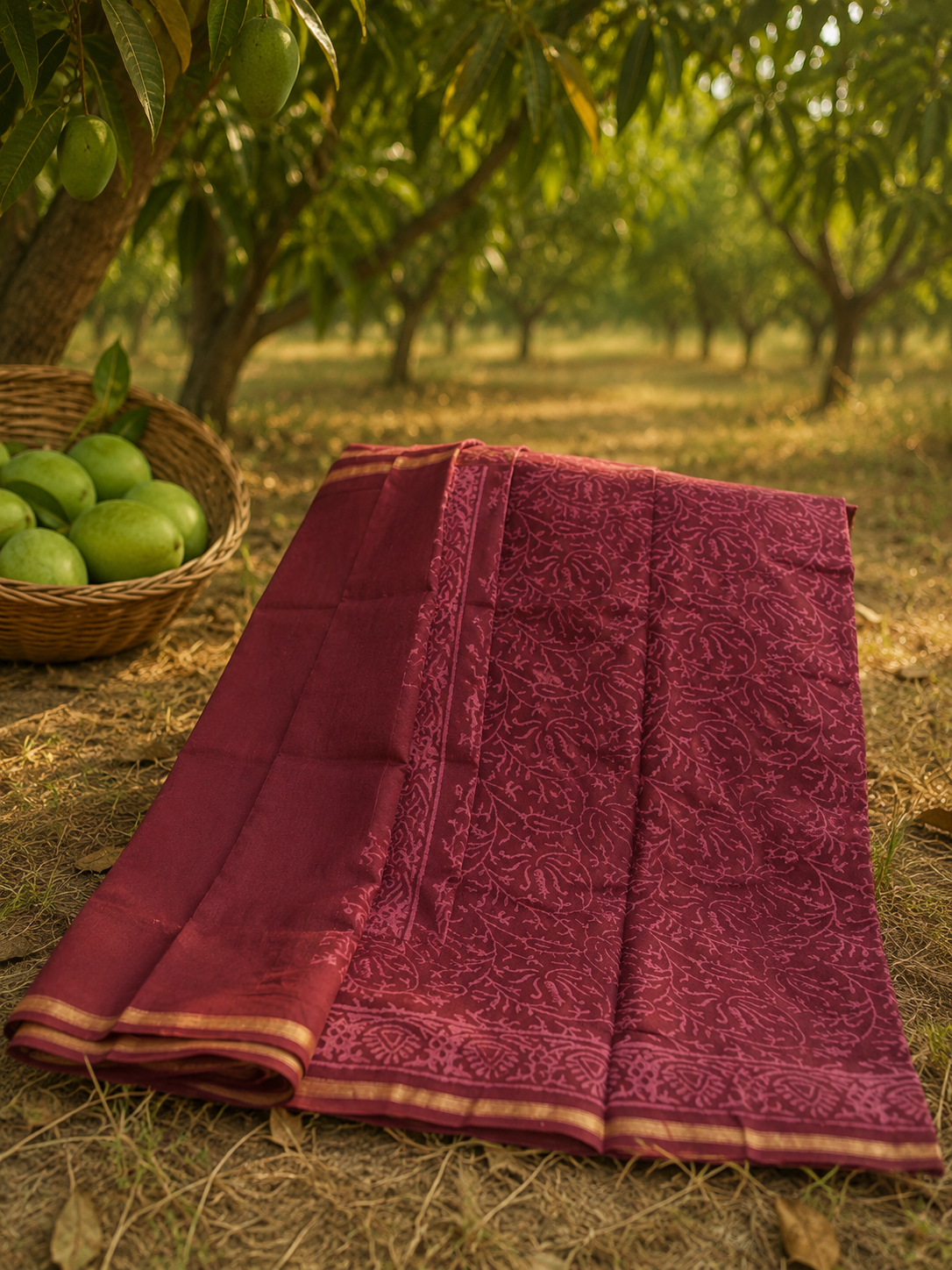 Close-up of onion Chanderi saree highlighting premium fabric, traditional motifs, and zari border.