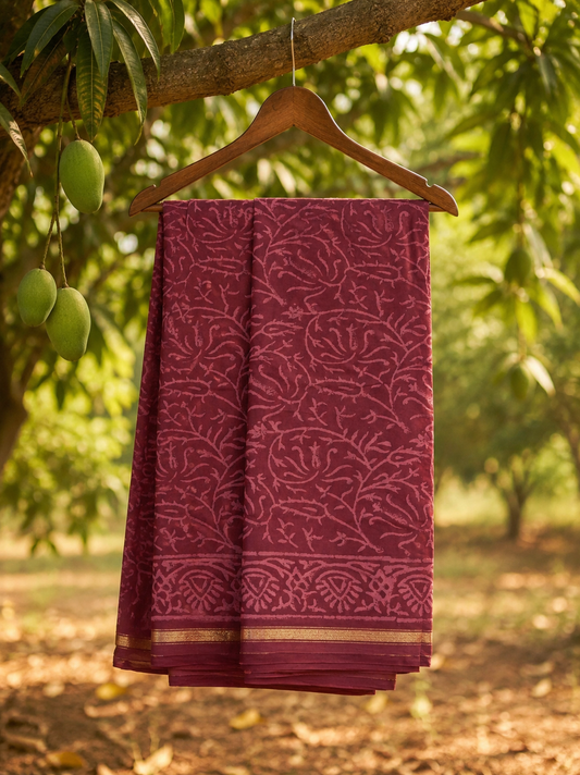 Handcrafted onion Chanderi saree with elegant zari border displayed on a wooden hanger.