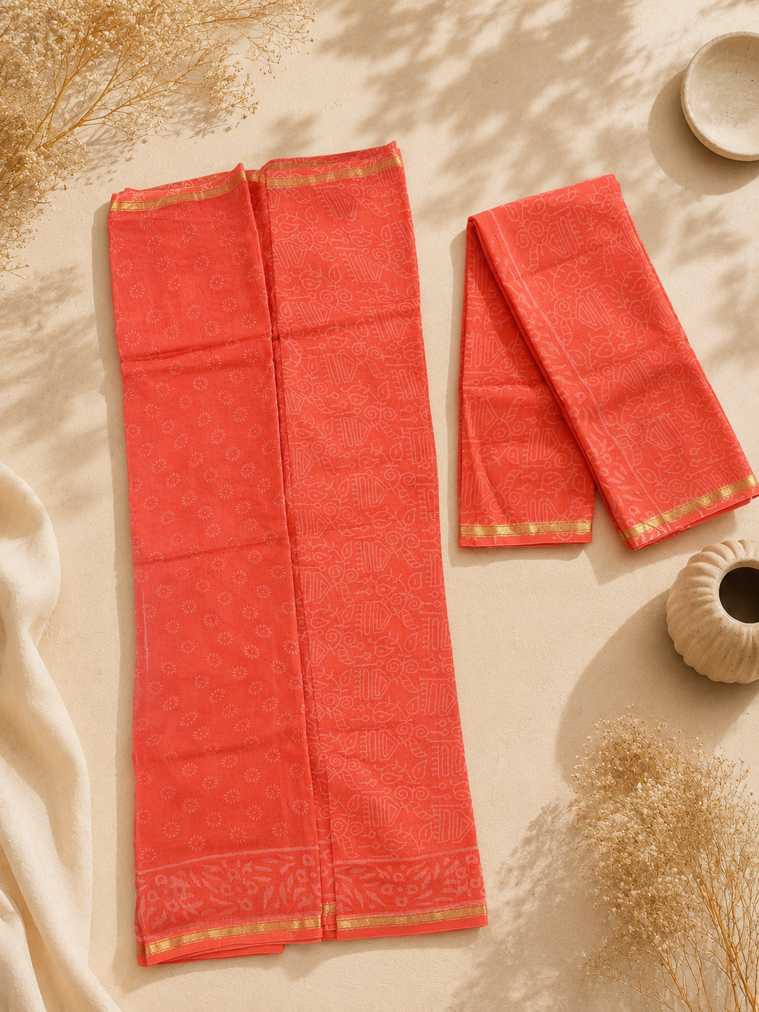 Hand Block Printed Orange Dupatta