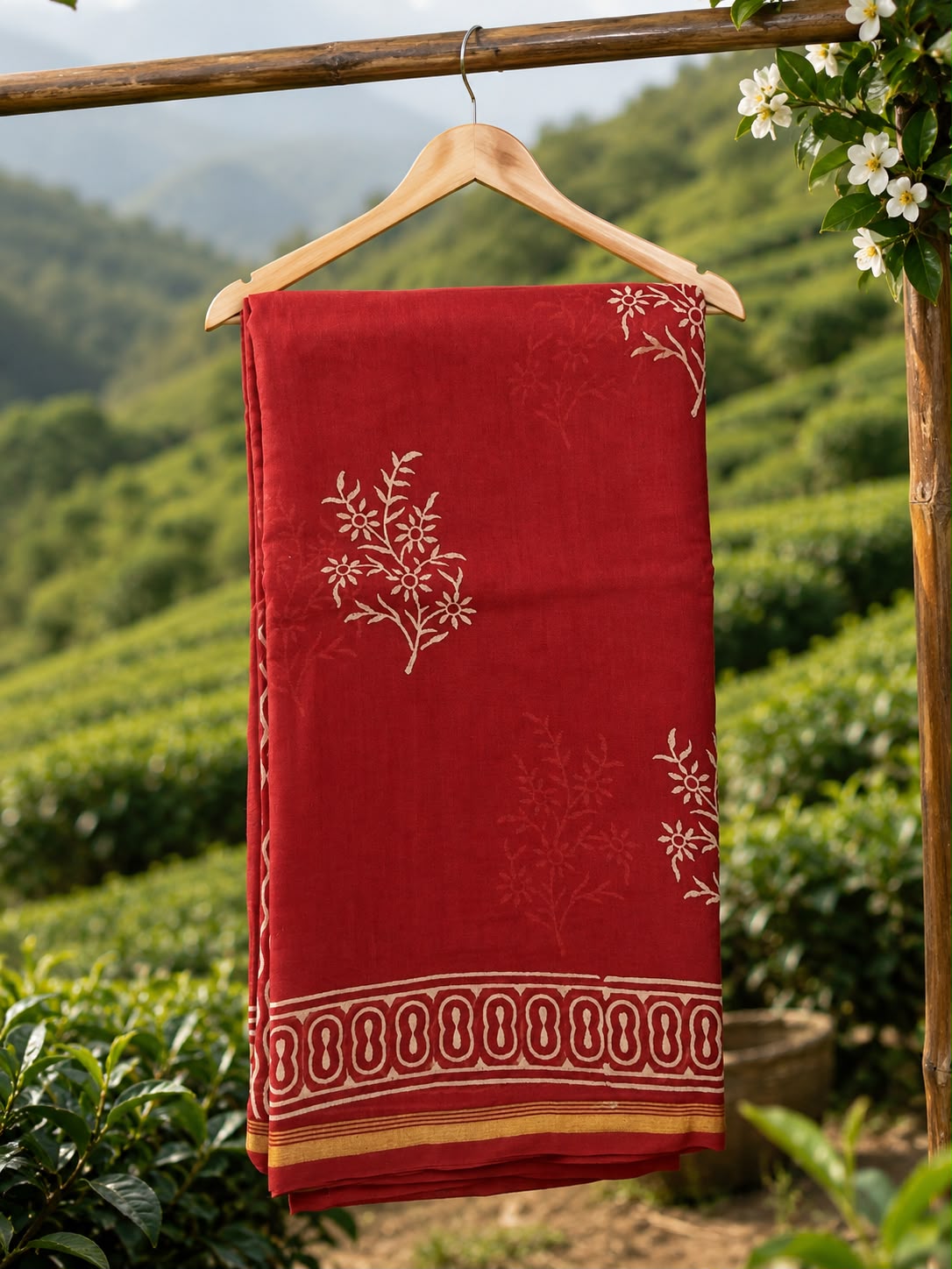 Handcrafted red Chanderi saree featuring elegant floral block prints and gold woven border.