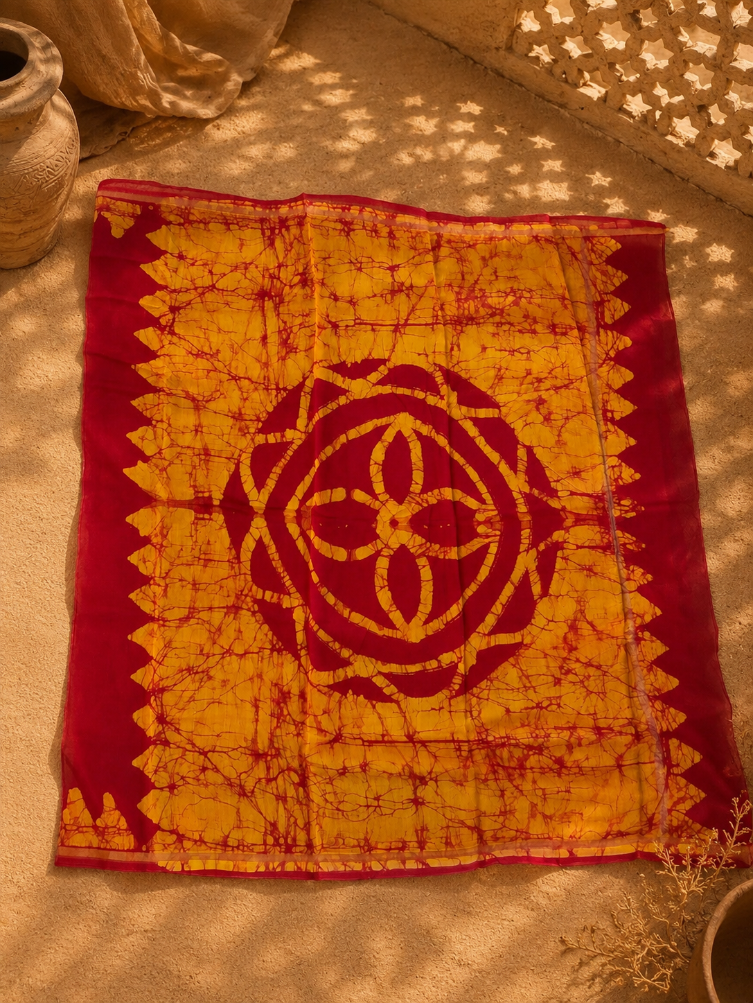 Folded handcrafted red Chanderi saree showcasing premium fabric and elegant zari border.