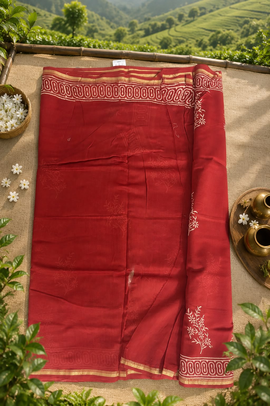 Full view of handcrafted red Chanderi saree with floral motifs, decorative border and lightweight handwoven fabric.
