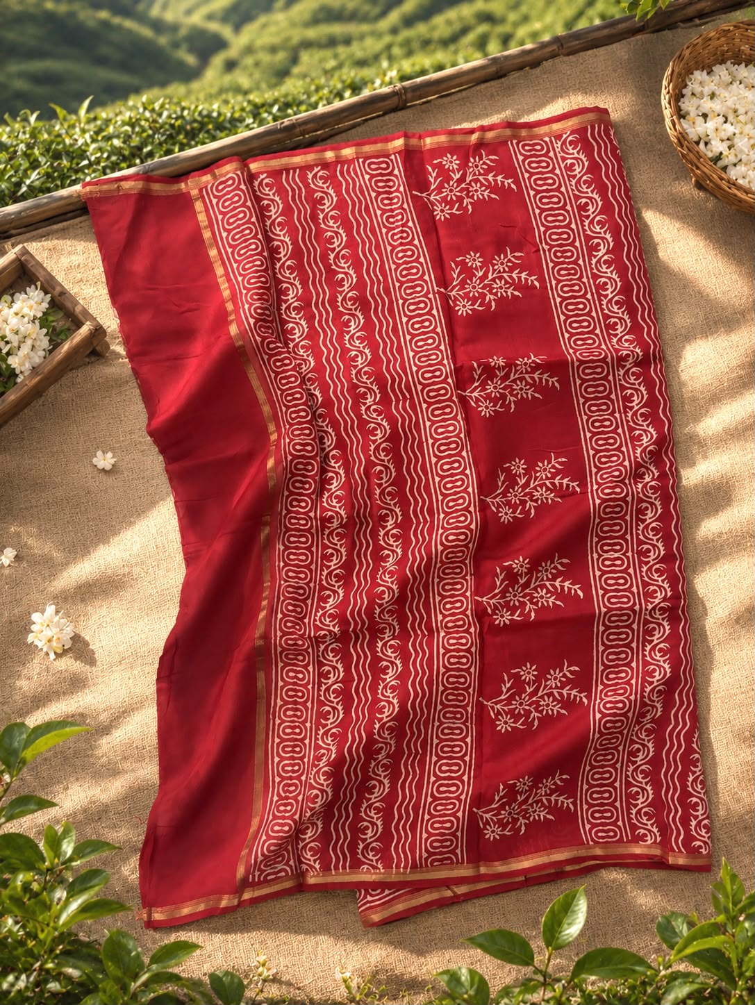 Close-up of handcrafted red Chanderi saree showcasing floral block printed pallu and elegant gold border.