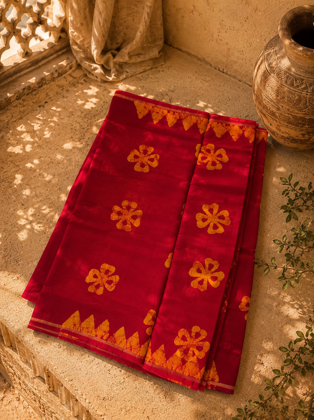 Close-up view of handcrafted red Chanderi saree highlighting the premium fabric and zari border detailing.