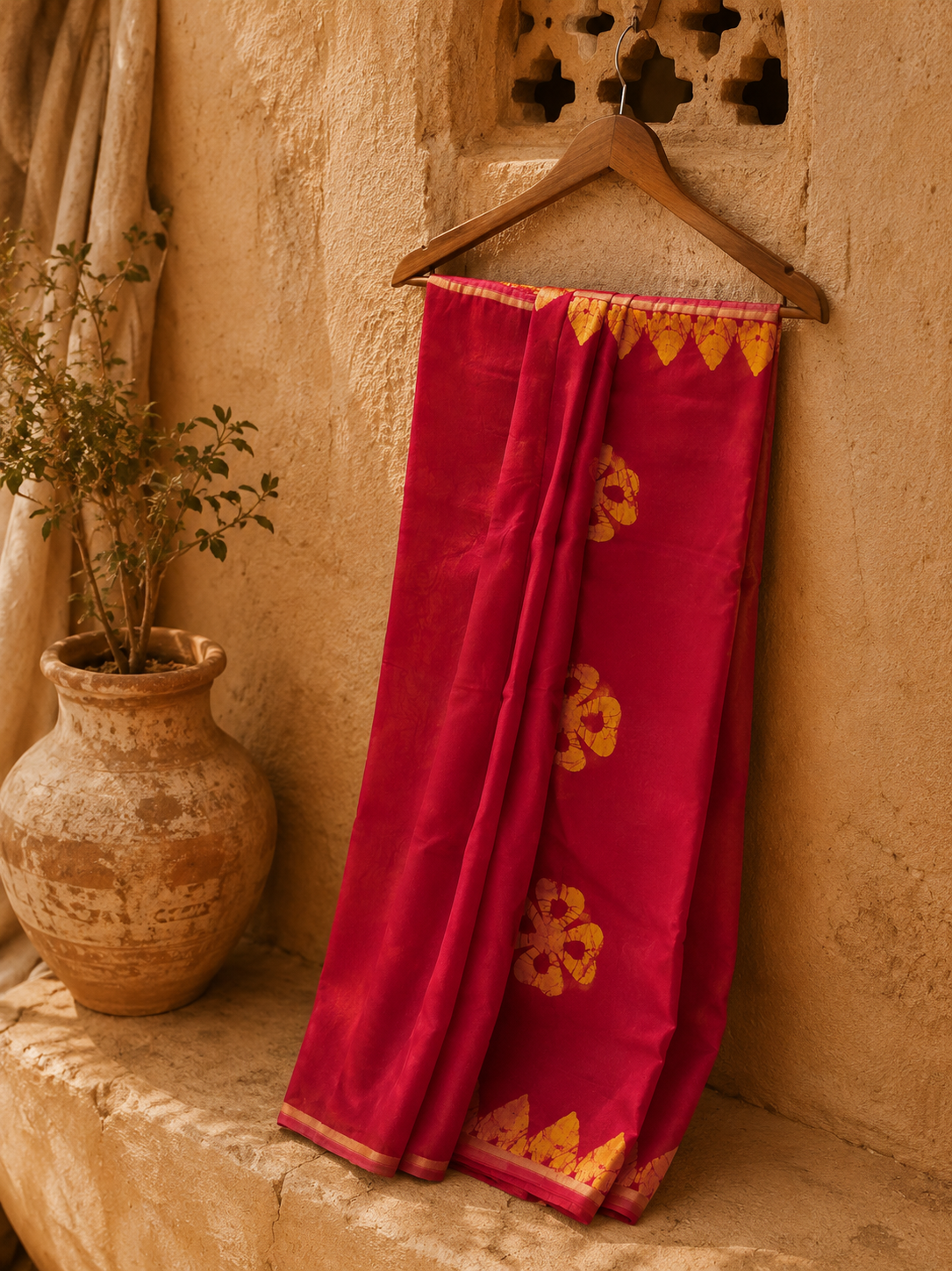 Handcrafted red Chanderi saree with elegant zari border by women artisans from DeshSutram.