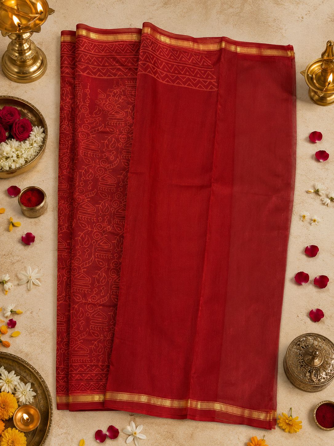 Close-up of premium red Chanderi saree showcasing intricate hand block printing and a classic zari border.