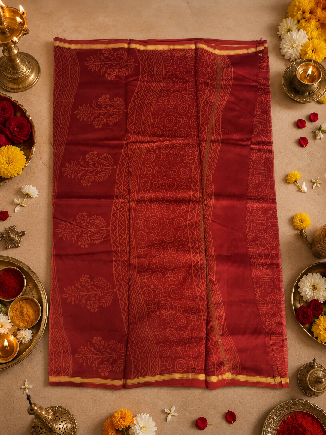 Full view of handcrafted red Chanderi saree featuring traditional hand block prints and an elegant zari border.