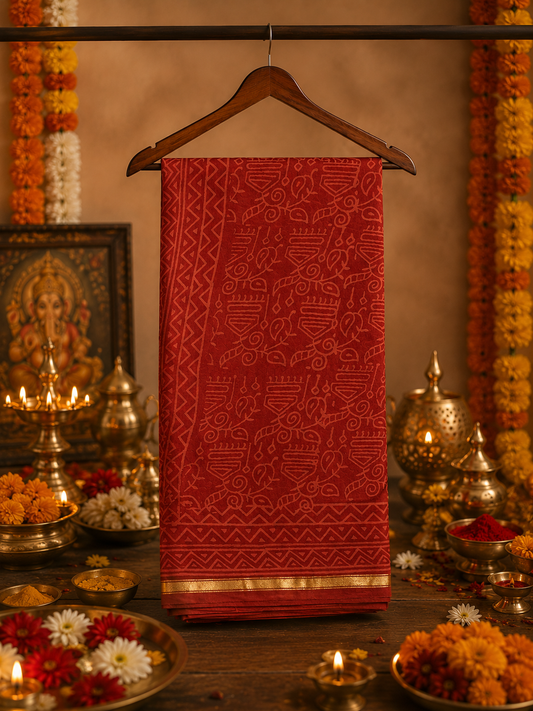 Red hand block printed Chanderi saree with zari border hanging on a wooden hanger, handcrafted by women artisans.