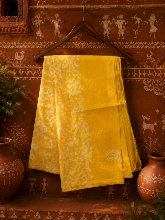 Yellow cotton dupatta with handcrafted block print showcasing traditional Indian artisan craftsmanship.