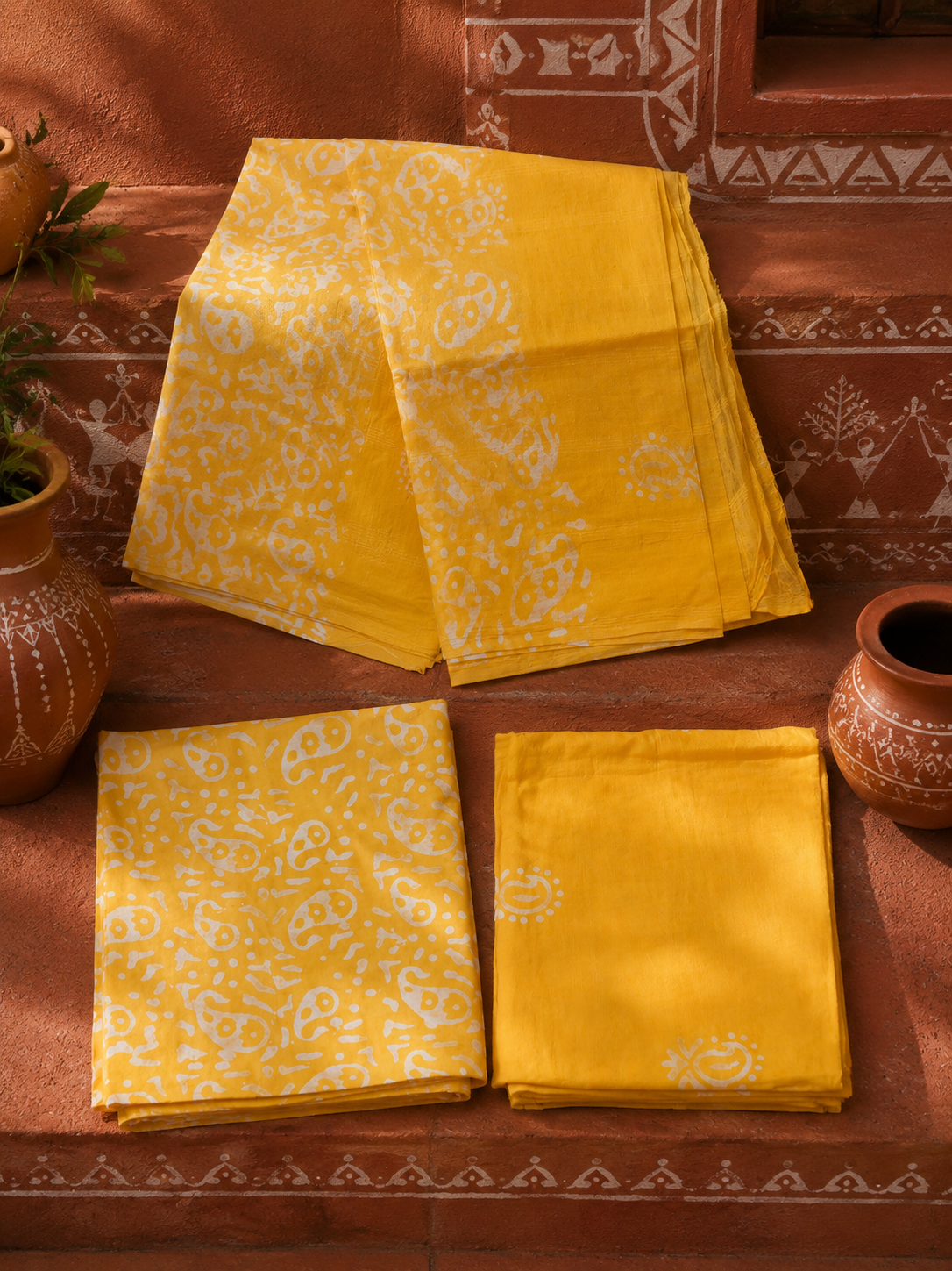 Yellow cotton suit set with traditional hand block print, handcrafted by women artisans from DeshSutram.