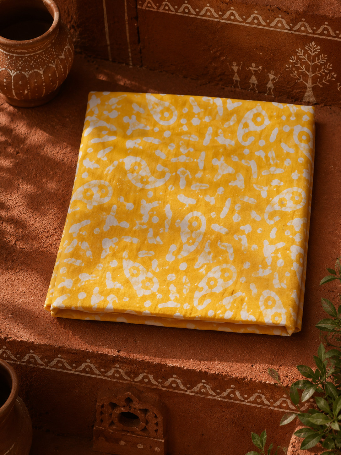 Complete yellow cotton suit set including kurta fabric, bottom and dupatta with handcrafted block print.