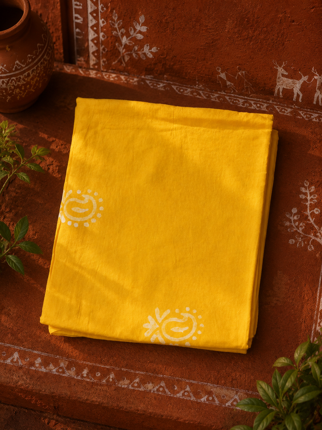 Close-up of yellow cotton kurta fabric featuring traditional hand block printed motifs.