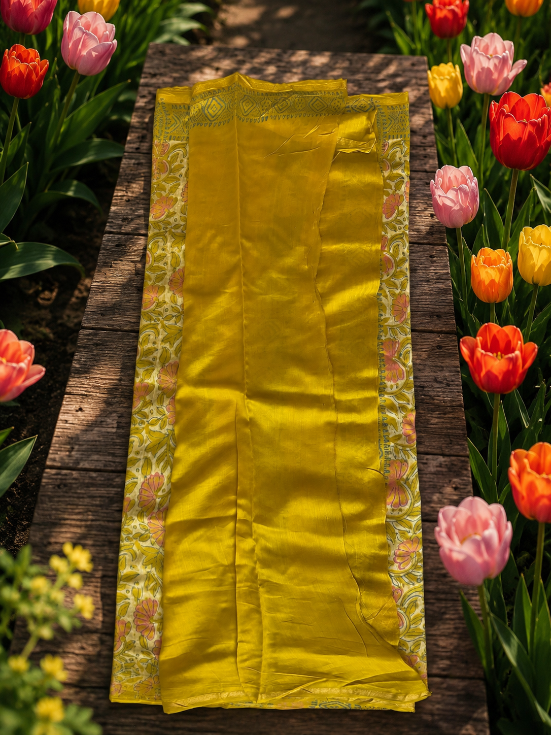 Detailed view of premium yellow hand block printed Chanderi saree fabric with traditional floral motifs and zari border.