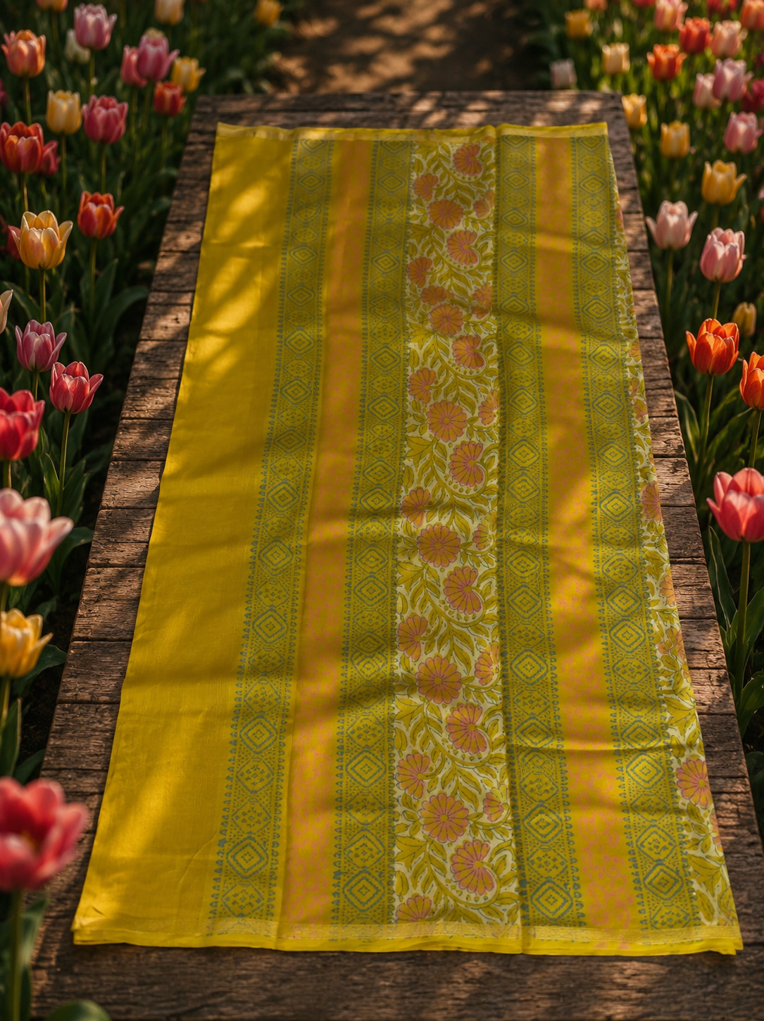 Folded yellow Chanderi saree with floral hand block print and zari border displayed on a wooden table.