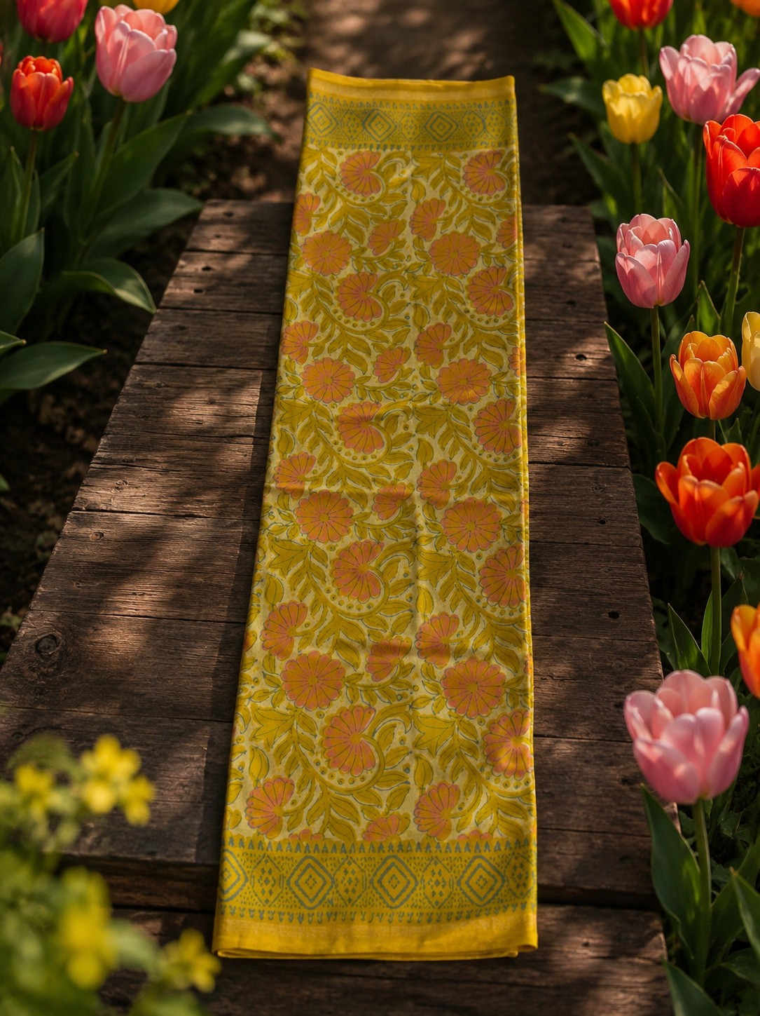 Close-up of yellow Chanderi saree featuring floral hand block printing and an elegant zari border.