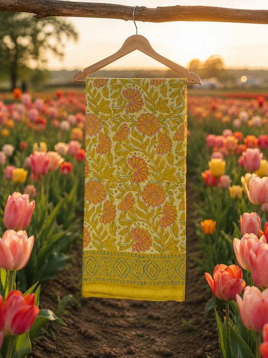 Yellow hand block printed Chanderi saree with zari border hanging on a wooden hanger, handcrafted by women artisans.